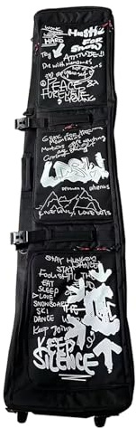 Hapihom Ski and Snowboard Bag With Wheels - Padded, Waterproof Travel Bag With Fixed Binding System - All-Terrain Black Graffiti Design
