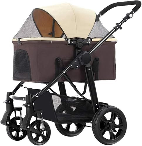 Reisebuggy, Haustierbuggys für mittelgroße und kleine Hunde, verbesserter Hundebuggy, Katzenbuggy mit reißverschlusslosem Einstieg und abnehmbarer Tragetasche (Rosa) (Braun)