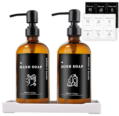 ILIKEPOW Amber Glass Soap Dispenser 500ml, Washing Up Liquid Bottle with Stainless Steel Pump, Labels and Tray for Kitchen, Bathroom & Shower, Hold Body Wash, Shampoo, Lotion, Hand & Dish Soap, 2 Pack