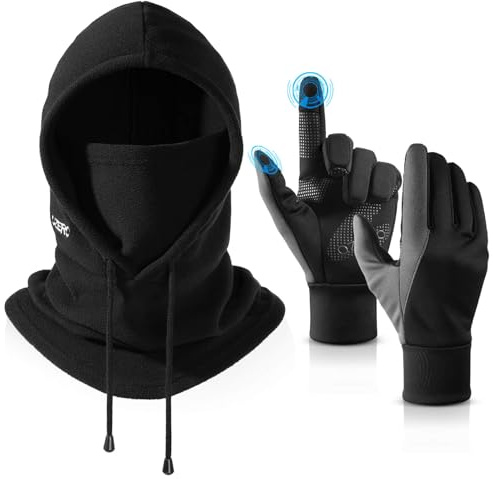 OZERO Winter Balaclava Gloves Set: Windproof & Thermal Ski Mask for Men and Women, Convertible Balaclava Hood Full Head Cover Scarf Neck and Thermal Touchscreen Gloves for Cold Weather, Black Large