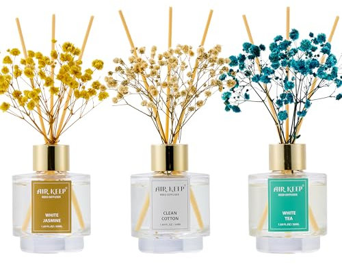 Airkeep Raumduft 50ml x3, Reed Diffuser mit Clean Cotton, White Jasmine, White Tea, Raum Duft mit 24 Duftstäbchen, Lufterfrischer für Badezimmer, Wohnung, Heimdekoration