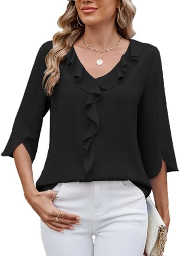 ABINGOO Donna Chiffon Camicetta 3/4 Manica Scollo a V Volant Tunica Tinta Unita Elegante Lavoro Tops(Nero,XXL)