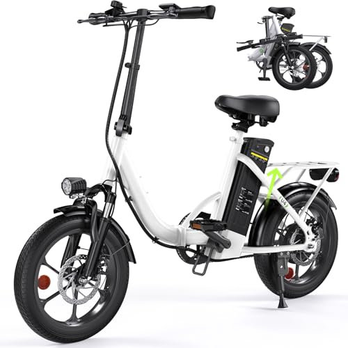 Klapprad E-Bike 16 * 2.15 Zoll Fat Tire,Tragbares Elektrofahrrad mit 10.4Ah Abnehmbarem Akku,4 Fahrmodi,PAS Reichweite MAX 88KM,Falt-Elektrofahrräder für Herren Damen Pendeln (Weiß)