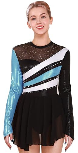FYMNSI Damen Eiskunstlauf Kleid, Glitzer Metallic Langarm Ballettkleid mit Kristallen Ballettkleidung Gymnastik Leotard Turnanzug Tanzkost�m Tanzkleider Gymnastikanzug Blau XS