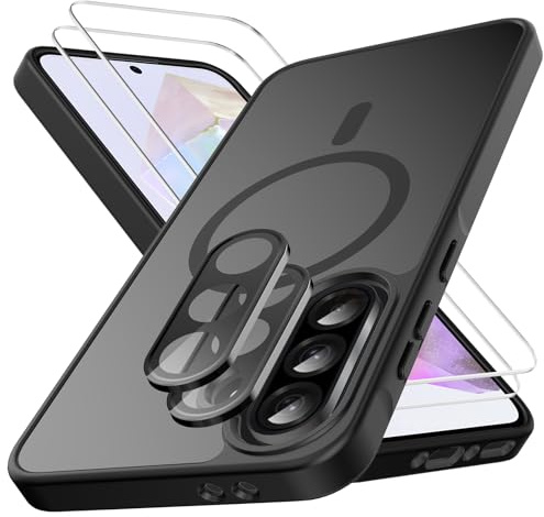 Ezanmull Per Samsung Galaxy A36 5G, custodia magnetica, resistente agli urti, 2 pellicole protettive in vetro + 2 pellicole protettive per obiettivo della fotocamera, trasparente, anti-impronte, per