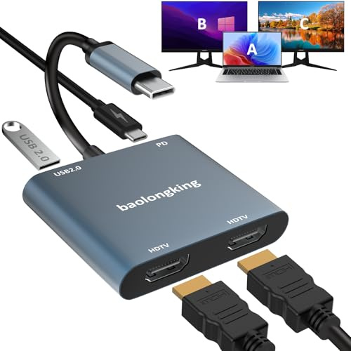 baolongking USB C till dubbel HD-hubbadapter 4-i-1-delare för 2 bildskärmar, 4K@60Hz, USB2.0, PD 100W-portar, typ C till dubbel HD-adapter multiport för MacBook Pro/Air utökad skärm