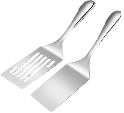 Gurxi 2 Pezzo Spatola in Acciaio Inox Scanalata Paletta cucina Spatola cucina Utensili cucina acciaio inox scanalature tornitore solido resistente resistente al calore ideale per pesce uova pancake