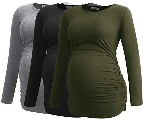 Smallshow Women's Maternity Tops Long Sleeve Pregnancy Clothes T Shirts 3-Packs,Army Green-Black-Light Grey,S