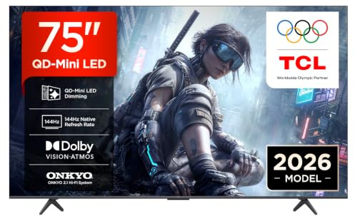 TCL 75T8D Televisor 75 Pulgadas QD-Mini LED 4K Smart TV, Gaming TV, 144Hz Game Accelerator 288Hz FHD, FreeSync Premium, Dolby Vision & Atmos, HDR10+, Onkyo 2.1, Google TV, Game Master
