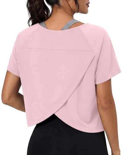 GRECERELLE T-shirt de sport ample à manches courtes en coton mélangé pour femme avec dos croisé pour yoga et course à pied, t-shirt d'entraînement pour femme