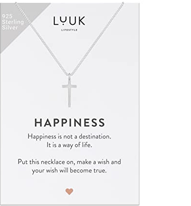 LUUK LIFESTYLE Halsband i 925 Sterling Silver med korshänge och ett inspirerande HAPPINESS-kort, lyckoamulett, vänskapsgåva, damsmycken, silver