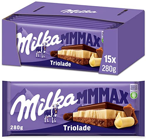Milka Triolade 15 x 280g Großtafel, Zartschmelzende Schokoladentafel aus Schokoladen-Mix