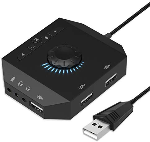 Scheda Audio USB, Scheda Audio Stereo USB Esterna con Hub USB, Jack Auricolari 3,5 mm/Controllo Volume/Equalizzatore per PC, Laptop, Tablet