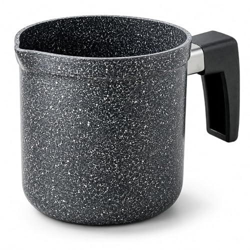 NAMAI - Bollilatte Antiaderente 11 CM Ø, Alluminio Resistente, Manico Ergonomico, Effetto Pietra, Pratico e Resistente, No Induzione, Pentolino Latte