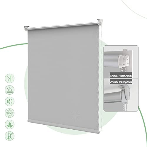 HOMEDEMO Store Enrouleur Occultant Isolant Thermique Opaque, Rideau, Fixation avec ou sans Perçage, 80 x 120 cm (Largeur du Tissu 76 cm), Gris Clair