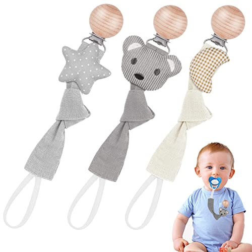 Vicloon Cadena Chupetes de Clip,3 Piezas Chupetero para Bebé con Clip de Haya,Cadena de Chupete de Bebé de Algodón,Cadena Chupete para Bebé Niño y Niña
