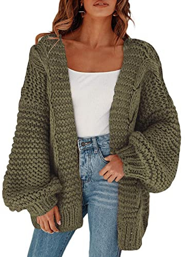 Cicy Bell Cardigan da donna con maniche a lanterna larghe e eleganti, maglione oversize, verde militare, S