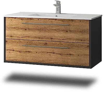 Stil.Zeit Evelia Badmöbel inkl. Waschbecken | Waschtisch mit Unterschrank 100.5 cm | Anthrazit/Dekor Eiche Sonoma| Metallgriffe/hängend