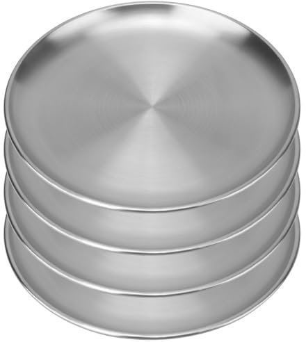 MUKCHAP 4 platos llanos de acero inoxidable de 26 cm, platos de servir plateados cepillados, platos de metal para servir ensalada de carne para camping, aperitivos