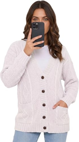 OutfitsbySMILE Women's Ladies Long Sleeve Button Top Chunky Aran Cable Knitted Grandad Cardigan UK 8 to 26
