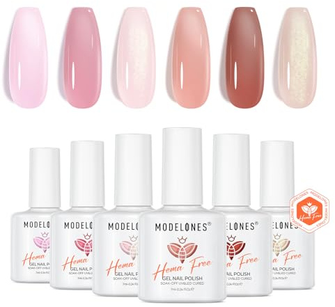 Modelones UV Nagellack, 6 Farben Rosa Nude Pink Glitzer Hema-free Gel Nagellack UV Lack Gellack Set Gelnägel für Soak Off Gel Nail Polish French Manicure Nail Art Nageldesign
