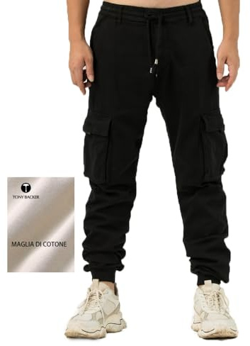 TONY BACKER Pantaloni Cargo Uomo in Maglia di Cotone Multitasche Laterali Casual e Chiusura Coulisse e i Lacci nella Vita 7905 (IT, Numero, 36, Regular, Regular, NERO-06N)