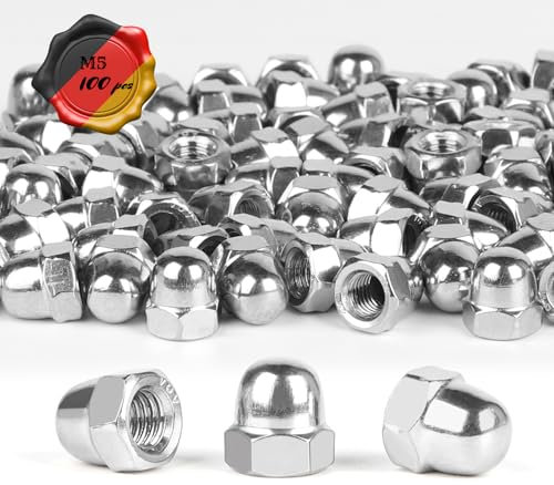 LALAGO Hutmuttern M5 Edelstahl, 100 Stück Hutmutter Hohe Form nach DIN 1587, A2 V2A Sechskant Hutmuttern, Edelstahl Kappenmuttern, Schutzkappen Muttern für Schrauben Gewindestangen & Gewindebolzen
