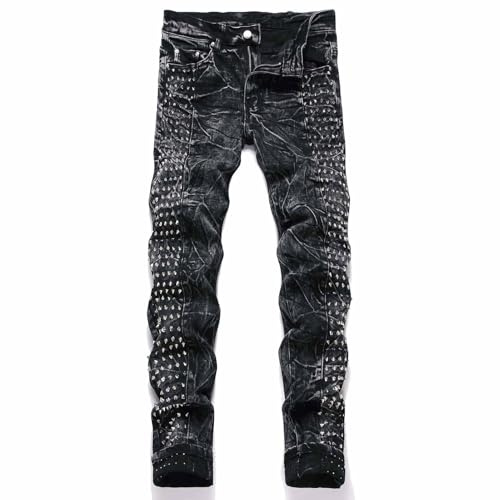 Oaovo Men's Ripped Straight Slim Fit Jeans Rivets Decoration Denim Pants Punk Style Trousers 550Black 34