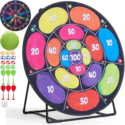 Cheerful Children Toys Jumbo Kids Dart Board XL or XXL, Dart Board Set for Kids - Reversible Design, Sturdy Stand, 12 Sticky Balls & 6 Darts, Indoor/Outdoor Games Ages 3-8 (Neon, 73cm)