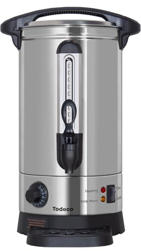 Todeco Distributeur de Boissons Chaudes 7,7L, 1500W, Marmite à Vin Chaud en Inox avec bac récupérateur, robinet, Thermostat, Réglage de la Température 30-110°C
