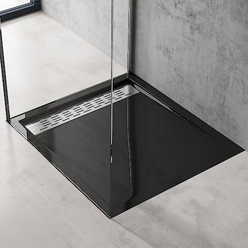 Plato de Ducha Plano Rectangular 80x90x5 cm Acrílico Negro | Instalación a Ras de Suelo | Conexiones DIN | Xetro04