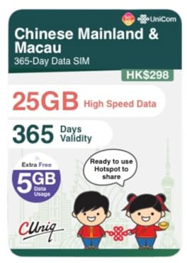 China & Macau Förbetalda data årligt SIM-kort (25 GB, 365 dagar) 5G/4G höghastighet redo att använda SIM | Redo att användas för affärsresor | Hotspot-delning | GuangZhou ShangHai Peking ShenZhen