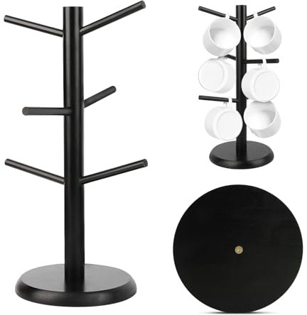 KILDOWS Albero Porta Tazze，Portabicchieri in Bambù，Porta Tazze con Struttura ad Albero，Porta Tazzine da Caffè，Verticale Portabicchieri Caffe Appoggio con 6 Ganci，per Appendere Gioielli，Tazze，Chiavi