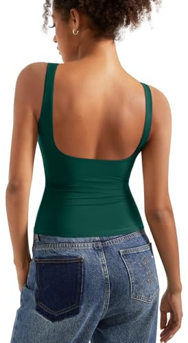 SUUKSESS Women Built in Bra Open Back Boat Neck Tank Tops Double Lined Backless Y2K Going Out Top Basic Shirt (Dark Green,L)