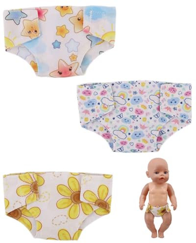 KEMUZ Lot de 3 Culottes pour Poupée Américaine, Accessoires pour Poupées 30-40 cm, Sous-vêtements en Coton Doux avec Motifs Fleurs, Nuages et Étoiles, Lavables et Réutilisables, Idéal pour Jouer
