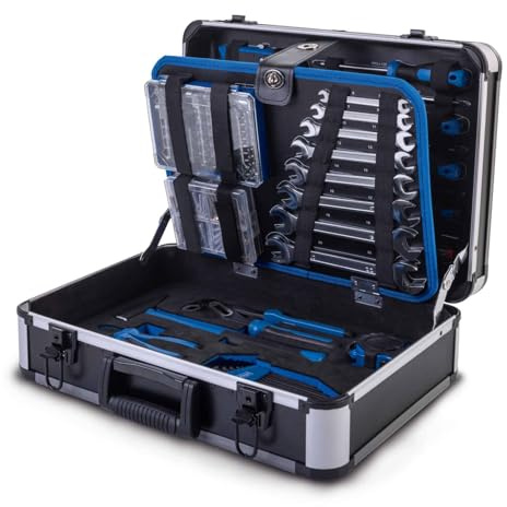 Scheppach TB225 Aluminium Werkzeugkoffer gefüllt 235-tlg Werkzeug Set | Werkstattkoffer bestückt mit Schraubenschlüssel, Hammer, Zange, Schraubenzieher, Werkzeugkiste für Werkstatt und Haushalt