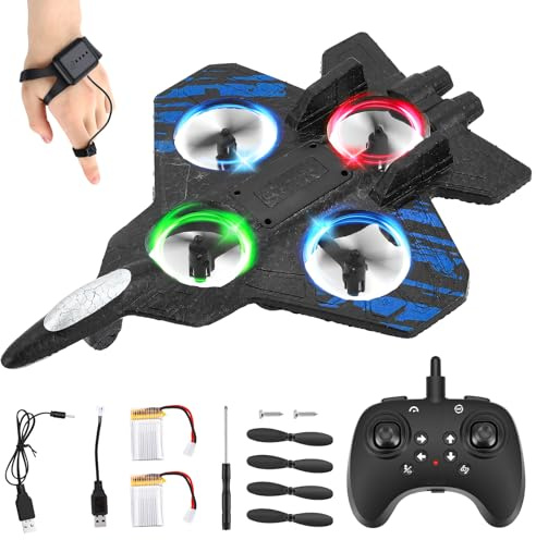 Avión de Control Remoto, Doble Control (Mando a Distancia y Mando a Mango), RC Avión 360° Rotación, 3 velocidades, con luz LED y hélice de Repuesto, avión Exterior para niños (Azul)