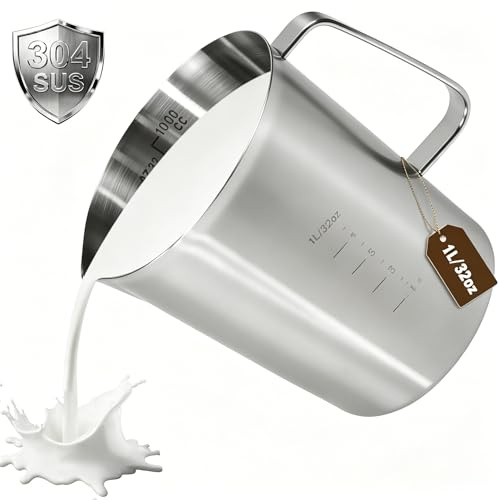 Vaso Medidor Cocina 1L Acero Inoxidable 304 Jarra Medidora Repostería Escala Grabada mililitros y onzas Recipiente Batidora Mano Salmorejo Emulsionar Salsas Taza Medidor 1000ml Cazo Leche Cafetera