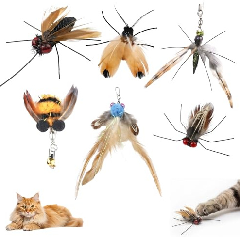 Lot de 6 Recharges de Jouets pour Chat - Insectes et Plumes de Rechange pour Plumeau Chat - Jouet Interactif Anti Ennui avec Clochette - Papillon, Abeille, Scarabée - Accessoire Canne à Pêche
