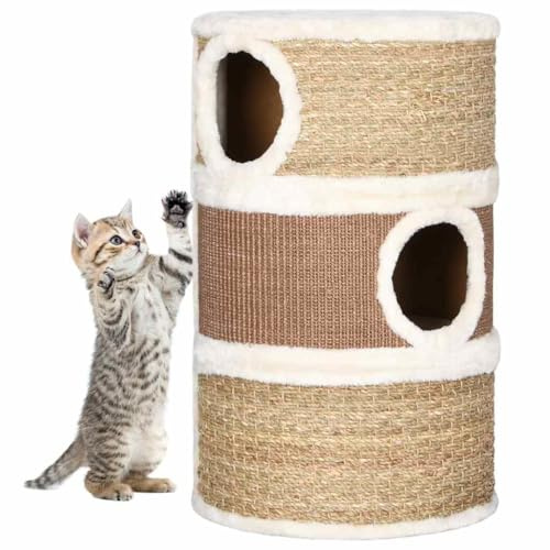 Tonneau à gratter pour Chats 60 cm, Baril avec Couverture herbiers Marins et 3 Ouvertures, Espace spacieux pour Grandes Races, cachette et griffoir en Peluche Douce