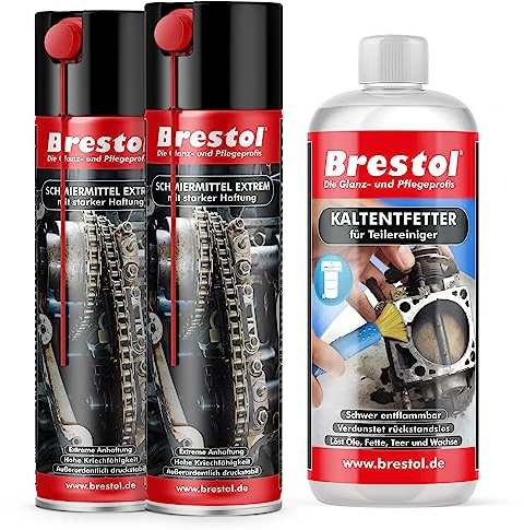Brestol Lubrifiant en spray 2 x 400 ml avec forte adhérence + 1000 ml de graisse à froid – Spray lubrifiant silicone huile rampante pour engrenages dentés, chaîne, corde, piston, lubrifiant adhésif