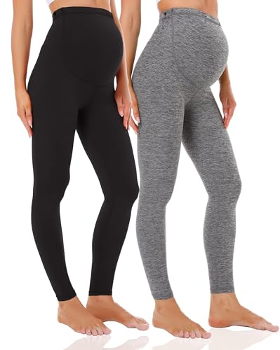 Foucome 2 Pack Women's Maternity Leggings Over The Belly Pregnancy Active Workout Yoga Tights Pants (Black+Heather Grey, Medium)