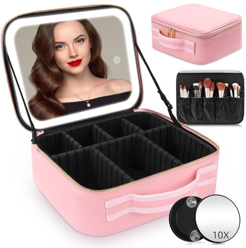 Trousse de Maquillage de Voyage avec Miroir LED à 3 Modes d'éclairage - Cosmétique Cloisonnable avec Miroir Lumineux