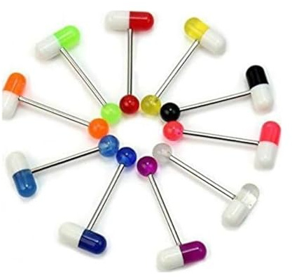 DPWOUM 10 Pcs Random color Pill Tongue Bars Set, Colors Pill Capsule Tongue Nipple Bar Ring Barbell Body Piercing Jewelery Stylish and Practical，Piercing Jewellery