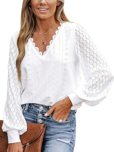 SPRING SEAON Damen Blusen mit V Ausschnitt Hemden,Elegant Blusen Lange Spitzenärmel Tunika Tops,Lady Work Office Bluse