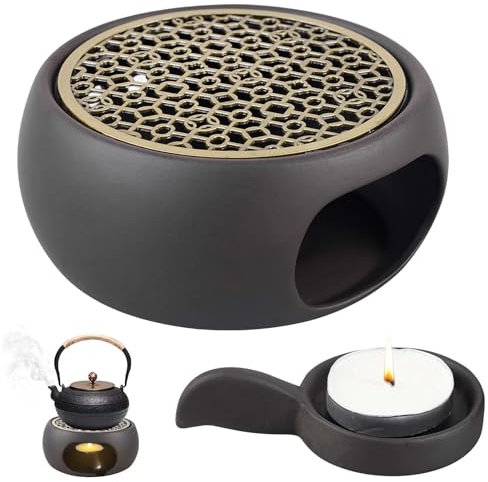 Schwarze Keramik Teewärmer - Teestövchen mit Hohle Ofenmatte aus Legierung und Kerzenhalter für Tee, Milch, Kaffee