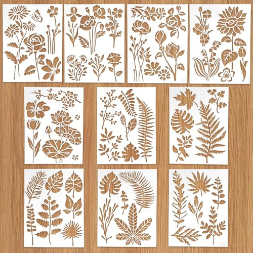 KATIMI 10 Stück Malerei Schablonen Textilgestaltung, 13 × 17 cm Blätter Stencil Schablonen Malen, Wiederverwendbar Blumen Airbrush Schablonen Wandgestaltung, Schablone für DIY Scrapbooking Wand Deko