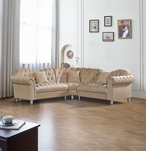 Generico Divano Chesterfield Angolare in Velluto Beige – Elegante Divano da Salotto Classico con Braccioli Imbottiti e Bottoni Capitonné – Comfort e Stile per Soggiorno