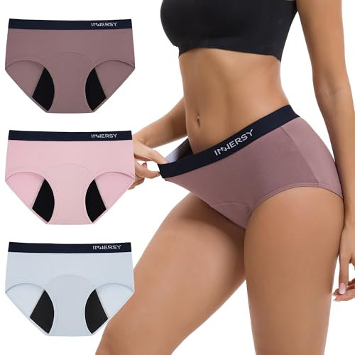 INNERSY Bragas Menstruales Algodón Braguitas Período Flujo Ligero Ropa Interior Incontinencia 3 Pack (L, Azul Claro/Morado Claro/Gris Morado)