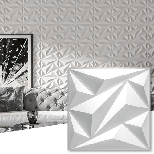 Art3dwallpanels 50 Pack 3D Wall Panels Diamond, White, 12''x12'' | PVC Accent Wall Panels for Interior Wall Decor, Living Room Lobby Bedroom Hotel Office